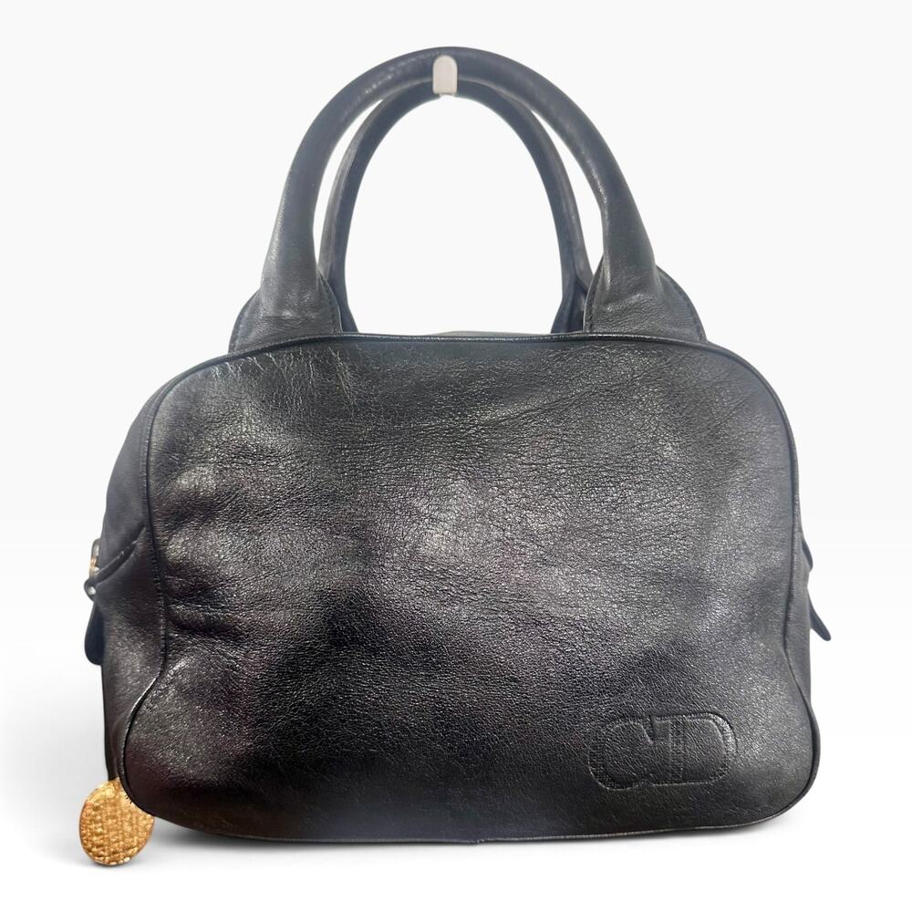 Vintage Christian Dior Black Leather Bowler Bag Gold CD Charm Made in Italy